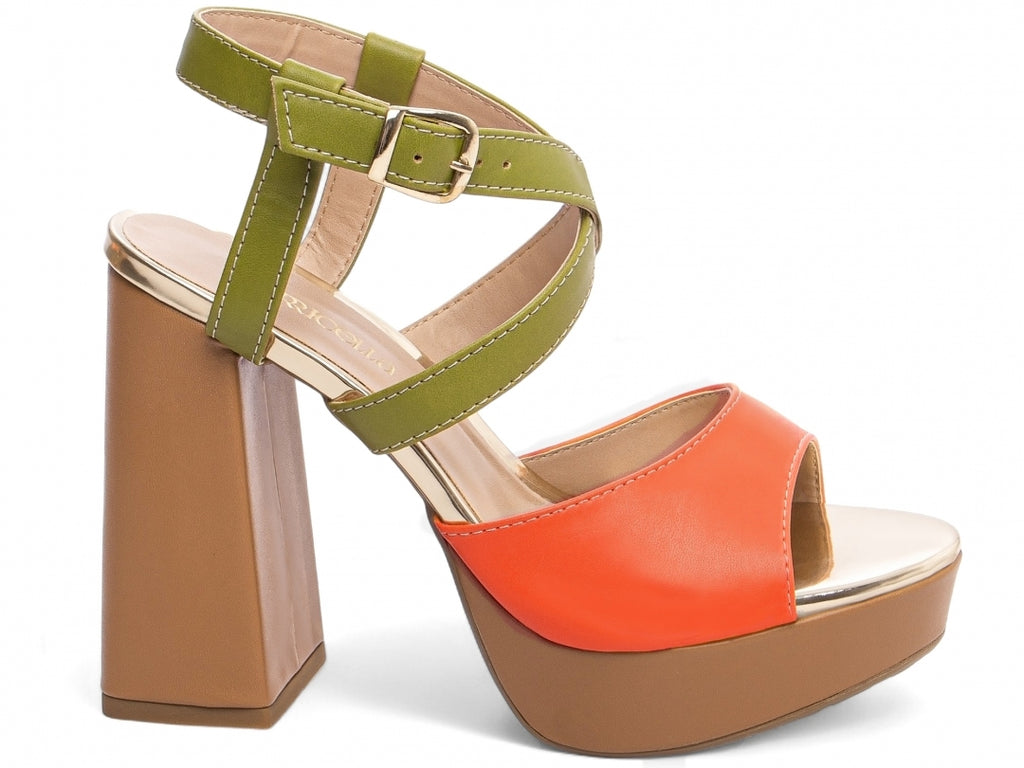 Sandalia Feminina Meia Pata Laranja e Verde