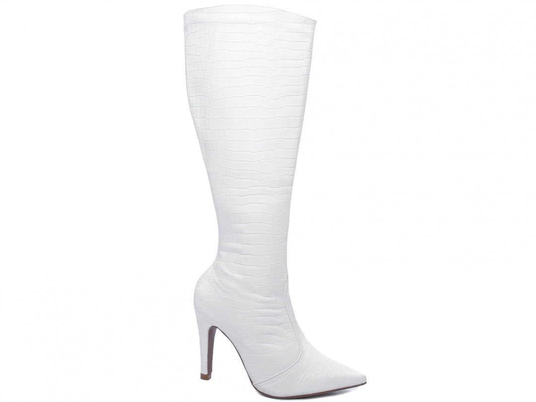 Bota Bico Fino Branca Croco com Salto de 10 cm