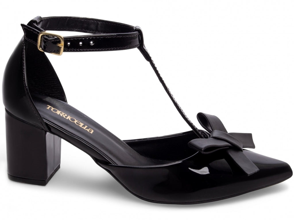 Scarpin Feminino Preto com Laço e Salto Grosso