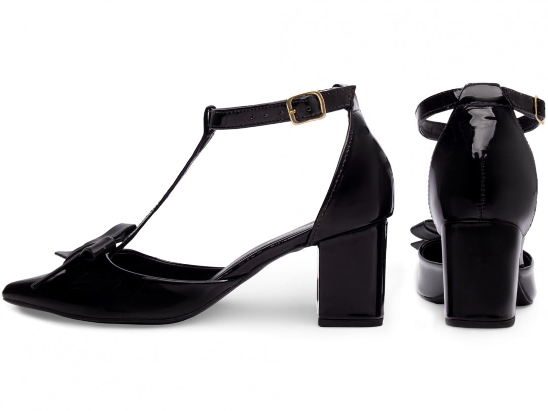 Scarpin Feminino Preto com Laço e Salto Grosso