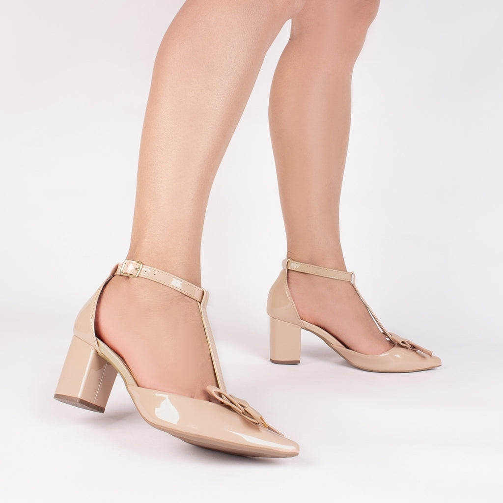 Scarpin Feminino Rosê com Laço e Salto Grosso